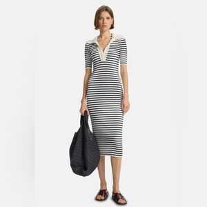 A.L.C Darcy Crochet Polo Collar Trim Ribbed Striped Midi Dress Navy Bone